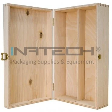 Cutie Din Lemn Pentru 2 Sticle De Vin Lungime 370 mm, Latime 175 mm, Inaltime 71 mm, Capac Cu balamale, Material Lemn, Culoare Natur