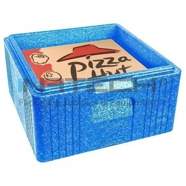 Hőszigetelő pizzadobozok, belső méret: 350 x 344 x 175 mm, teherbírás: 21 kg, külső méret: 400 x 400 x 230 mm, anyag: EPS, szín: kék, db / csomag: 48