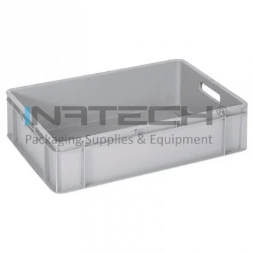 Euro konténer, méretek: 600 x 400 x 160 mm, anyag: szűz PP, térfogat: 31 liter, tömeg: 1.3 kg, szín: szürke