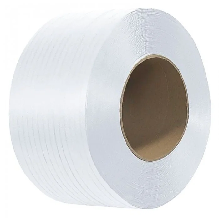 Banda De Legat Din Poliester Lungime 1100 m, Latime 13 mm, Rezistenta La Rupere 375 kgf, Culoare Alb-Benzi Pentru Legare Si P...