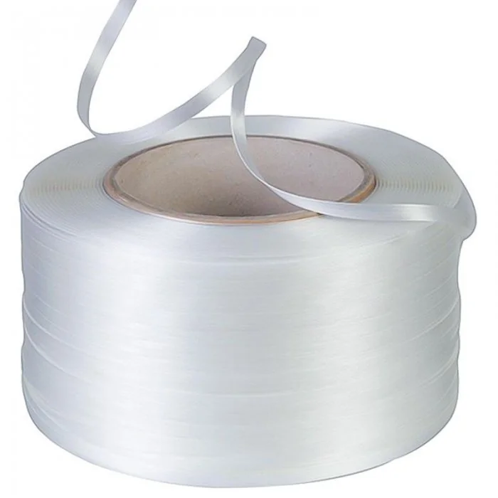 Banda De Legat Din Poliester Lungime 850 m, Latime 16 mm, Rezistenta La Rupere 450 kgf, Culoare Alb-Benzi Pentru Legare Si Pa...