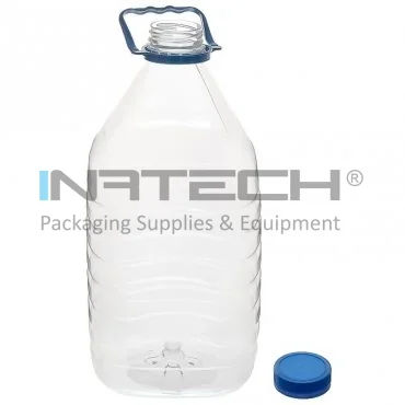 Négyzet alakú műanyag tartály, egyszerű kupakkal, 48 mm-es menetátmérő, FOGANTYÚVAL, 5000 ml térfogat, átlátszó szín, 12 db/csomag