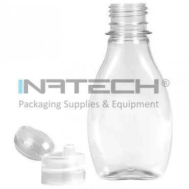 Orsó alakú műanyag tartály, flip-top kupakkal, menetátmérő 28 mm, fogantyú NINCS, 100 ml űrtartalom, átlátszó szín, db / 10 darabos csomag