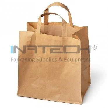 Papírtáskák lapos füllel, natúr kraftpapír 70 g/m², méretek cm-ben (H × Sz × M) 26 × 17 × 28,5, fültípus: lapos, anyag: 70 g/m²-es papír, szín: natúr, db/csomag: 250