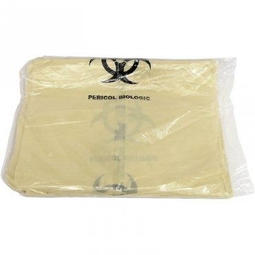 Feliratozott BIOVESZÉLY feliratú zsákok, nyílás (mm) 550, magasság 1100 mm, hajtás 2 x 150 mm, vastagság 0.07 mm, sárga szín, zsák/tekercs 500