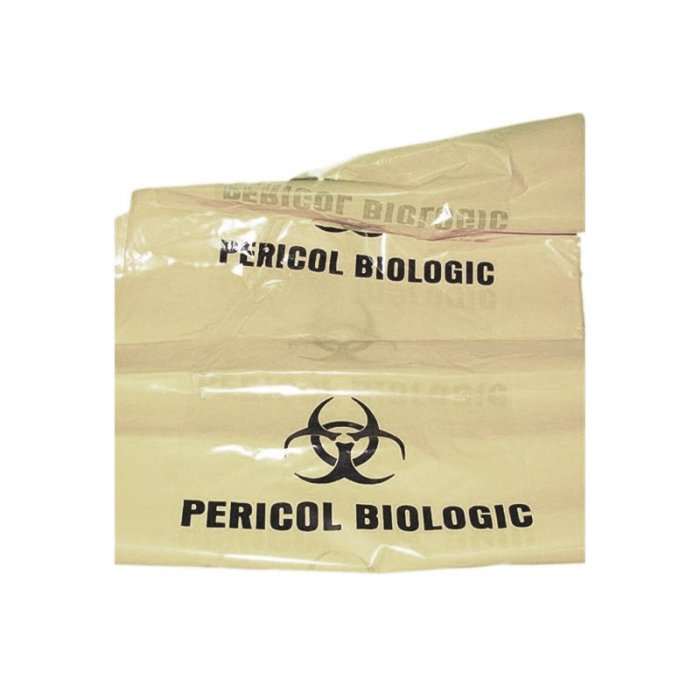 Saci Inscriptionati PERICOL BIOLOGIC Deschidere (mm) 550, Inaltime 1100 mm, Pliu 2 x 150 mm, Grosime 0.07 mm, Culoare Galben,...