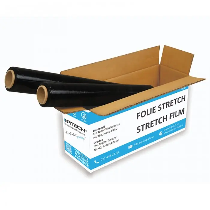 Kézi használatú stretchfólia, szélesség 250 mm, vastagság 23 mikron, tömeg 1,5 kg, fekete szín, cső tömege 0,15 kg, 12 db/csomag