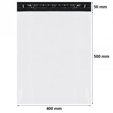 Standard futártasakok FB06, 400 x 500 mm, 50 mm-es zárófüllel, fehér / fekete színben, 50 db-os készlet