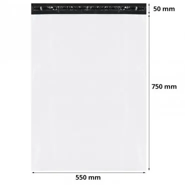 Standard futártasakok 550 x 750 mm, 50 mm-es zárófüllel, fehér / fekete színben, 50 db-os készlet