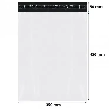 Standard futártasakok FB05, 350 x 450 mm, 50 mm-es visszahajtható fül, fehér / fekete szín, 50 db-os készlet