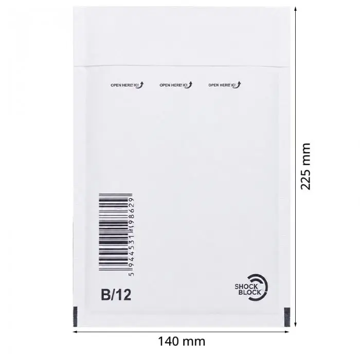Papír légpárnás borítékok, belső méret: 120x215 mm, külső méret: 140 x 225 mm, fehér, B12-es típus, 200 db/csomag