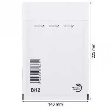 Papír légpárnás borítékok, belső méret: 120x215 mm, külső méret: 140 x 225 mm, fehér, B12-es típus, 200 db/csomag