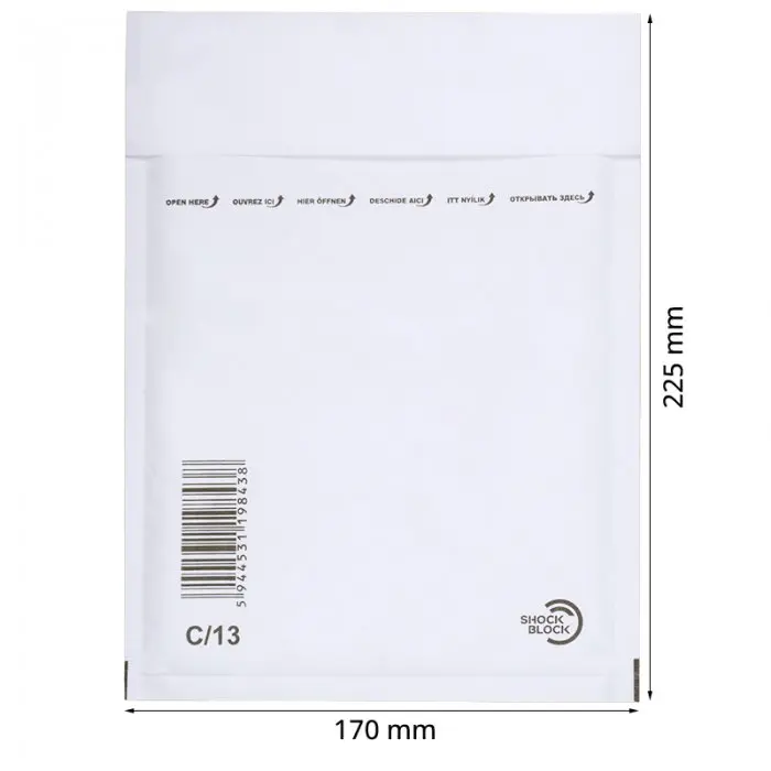 Papír ütésálló borítékok Belső méret 150x215 mm, Külső méret 170 x 225 mm, Fehér szín, Típus C13, 100 db / csomag