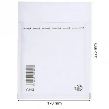 Papír ütésálló borítékok Belső méret 150x215 mm, Külső méret 170 x 225 mm, Fehér szín, Típus C13, 100 db / csomag