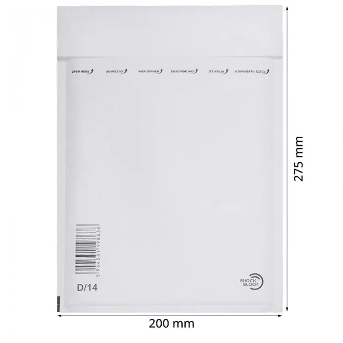 Papír légpárnás borítékok, belső méret: 180x265 mm, külső méret: 200 x 275 mm, fehér, D14-es típus, 100 db / csomag