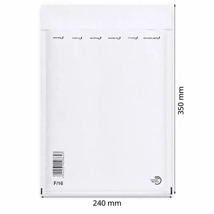 Papír ütésálló borítékok Belső méret 220x340 mm, Külső méret 240 x 350 mm, Fehér szín, Típus F16, 100 db / csomag