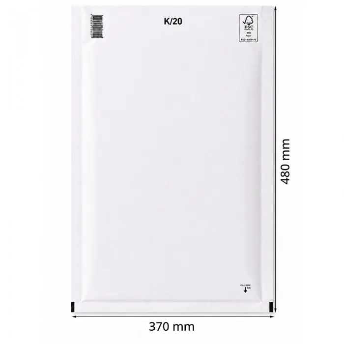 Papír légpárnás borítékok, belső méret: 350x470 mm, külső méret: 370 x 480 mm, fehér, K20 típus, 50 db/csomag