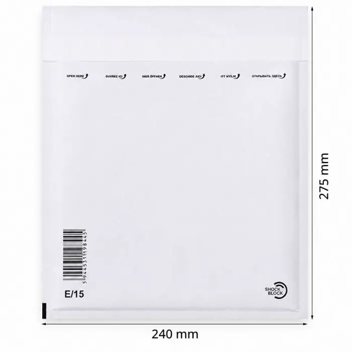 Papír légpárnás borítékok 220x265 mm belső méret, 240 x 275 mm külső méret, fehér szín, E15 típus, 100 db/csomag