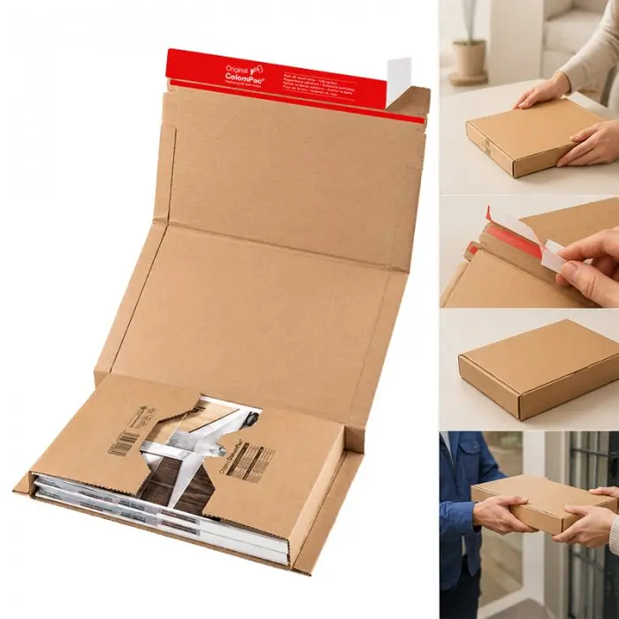 ColomPac® önformázó könyvcsomagoló dobozok, hosszúság 302 mm, szélesség 215 mm, magasság 80 mm, kétoldalas ragasztószalagos zárórendszer