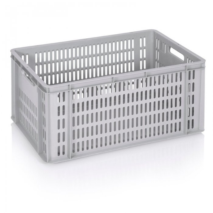Euroline szállítóláda 600 x 400 x 300 mm, tömör alj, szellőző oldalfalak, szűz PP anyag, szürke
