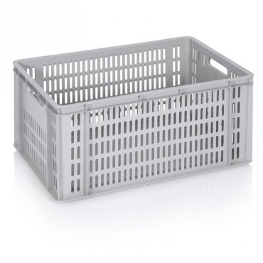 Euroline szállítóláda 600 x 400 x 300 mm, tömör alj, szellőző oldalfalak, szűz PP anyag, szürke