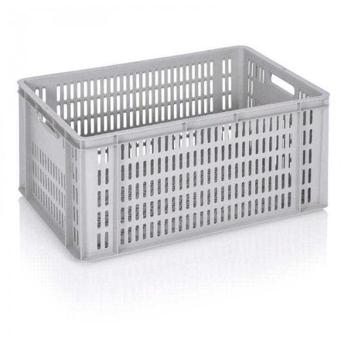Euroline szállítóláda 600 x 400 x 300 mm, szellőző aljjal/falakkal, szűz PP anyagból, szürke