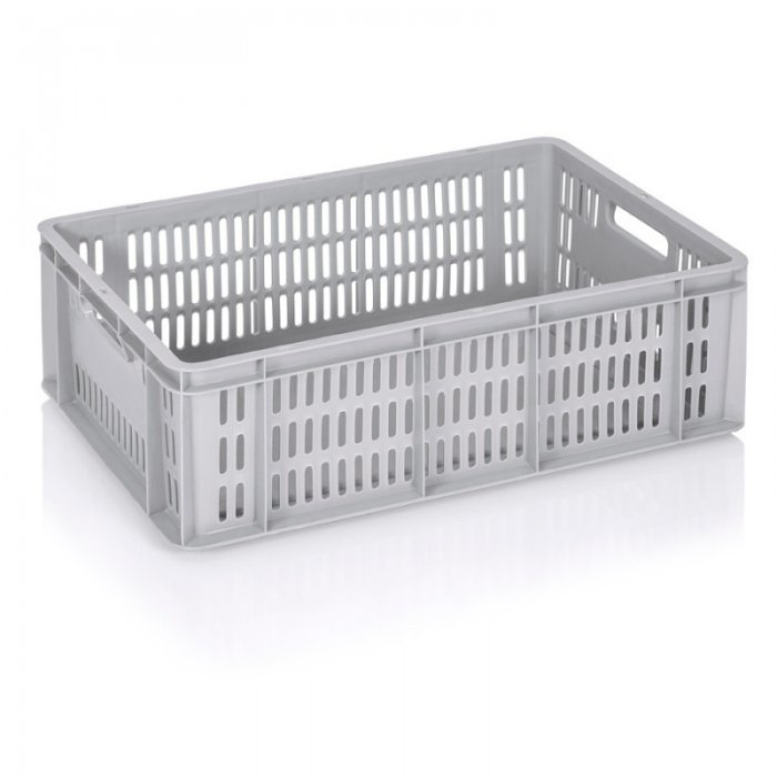 Euroline szállítóláda 600 x 400 x 200 mm, tömör alj, szellőzőfalak, szűz PP anyag, szürke