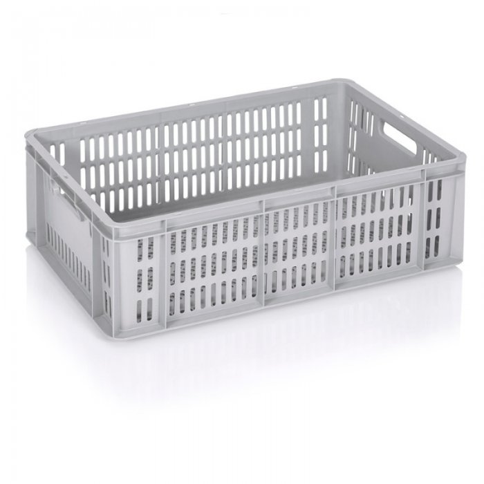 Euroline szállítóláda 600 x 400 x 200 mm, szellőző aljjal és oldalfalakkal, szűz PP anyagból, szürke