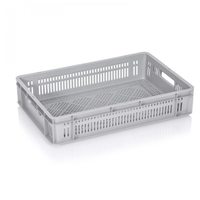 Euroline szállítóláda 600 x 400 x 120 mm, szellőző aljjal/falakkal, szűz PP anyagból, szürke