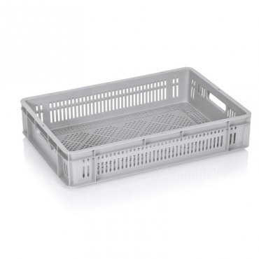 Euroline szállítóláda 600 x 400 x 120 mm, szellőző aljjal/falakkal, szűz PP anyagból, szürke