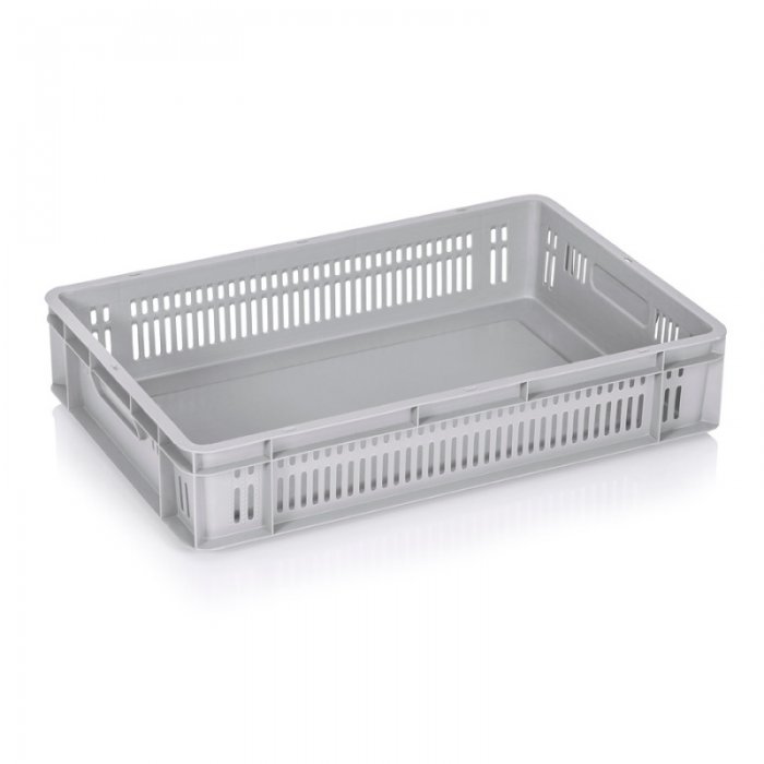 Euroline szállítóláda 600 x 400 x 120 mm, tömör alj, szellőző oldalfalak, elsődleges PP, szürke
