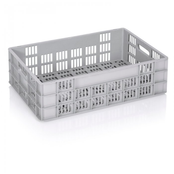 Euro szállítóláda 600 x 400 x 180 mm, szellőző aljjal/falakkal, szűz PP anyagból, szürke