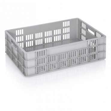 Euro szállítóláda 600 x 400 x 180 mm, tömör alj, szellőző oldalfalak, szűz PP anyag, szürke