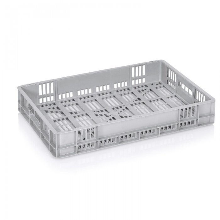 Euro szállítóláda 600 x 400 x 100 mm, szellőző aljjal/falakkal, szűz PP anyagból, szürke