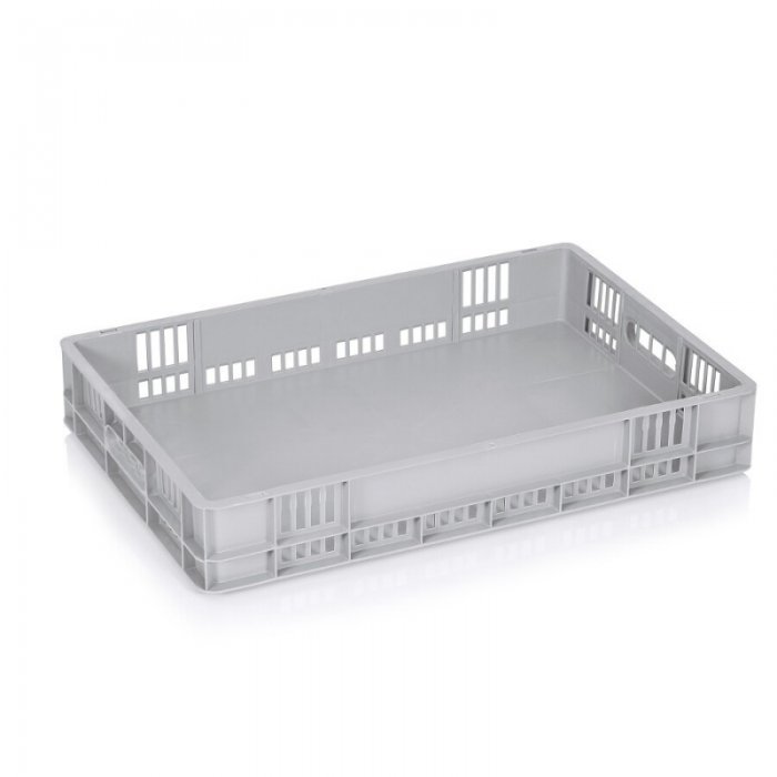 Euro szállítóláda 600 x 400 x 100 mm, tömör alj, szellőzőfalak, szűz PP anyag, szürke