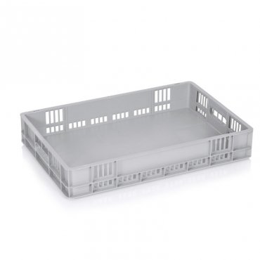 Euro szállítóláda 600 x 400 x 100 mm, tömör alj, szellőzőfalak, szűz PP anyag, szürke