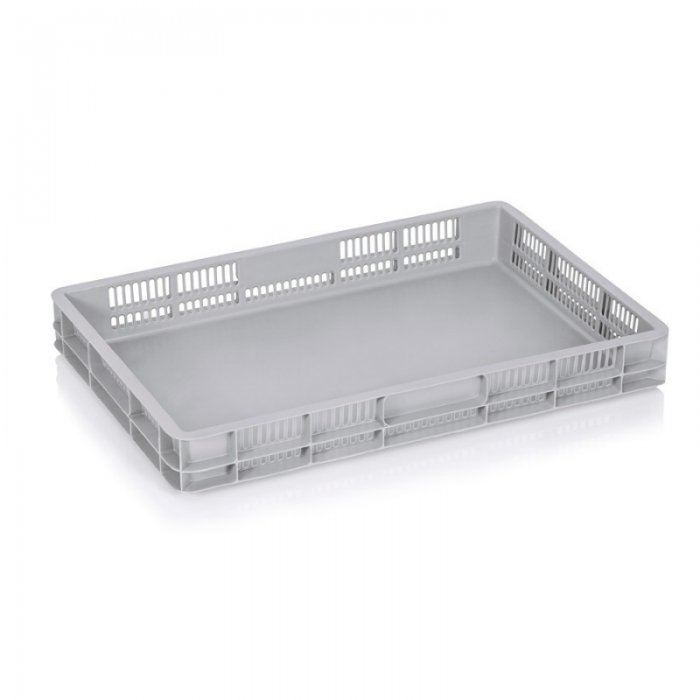 Euro szállítóláda 600 x 400 x 75 mm, zárt alj, szellőzőfalak, szűz PP, szürke