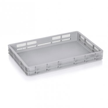 Euro szállítóláda 600 x 400 x 75 mm, zárt alj, szellőzőfalak, szűz PP, szürke