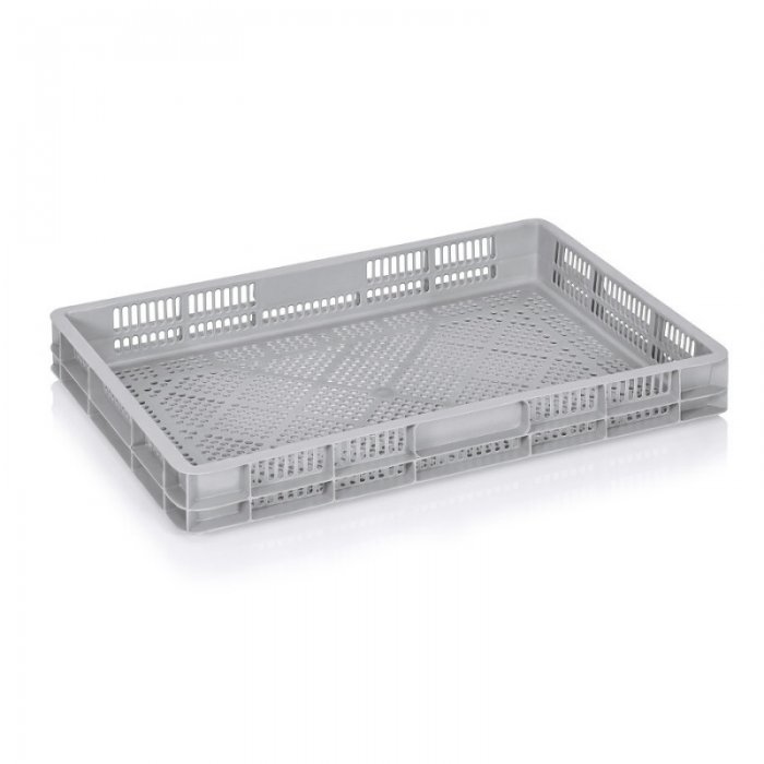 Euro szállítóláda 600 x 400 x 75 mm, szellőző aljjal és oldalfalakkal, szűz PP anyagból, szürke