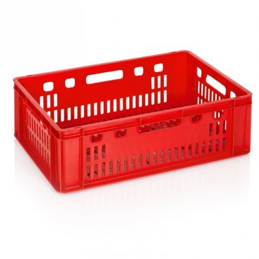 Hússzállító láda 600 x 400 x 200 mm, szellőző aljjal/falakkal, szűz PP anyagból, piros