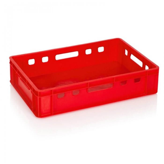 Hússzállító láda 600 x 400 x 140 mm, tömör alj/falak, szűz PP anyag, piros