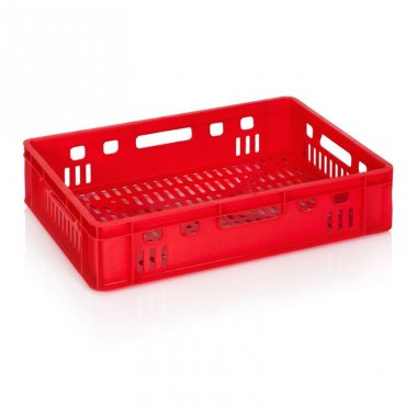 Hússzállító láda 600 x 400 x 140 mm, szellőző aljjal/falakkal, szűz PP anyagból, piros