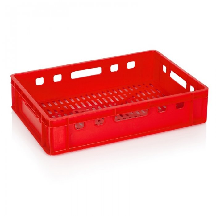 Hússzállító láda 600 x 400 x 140 mm, szellőző aljzattal, tömör falakkal, szűz PP anyagból, piros