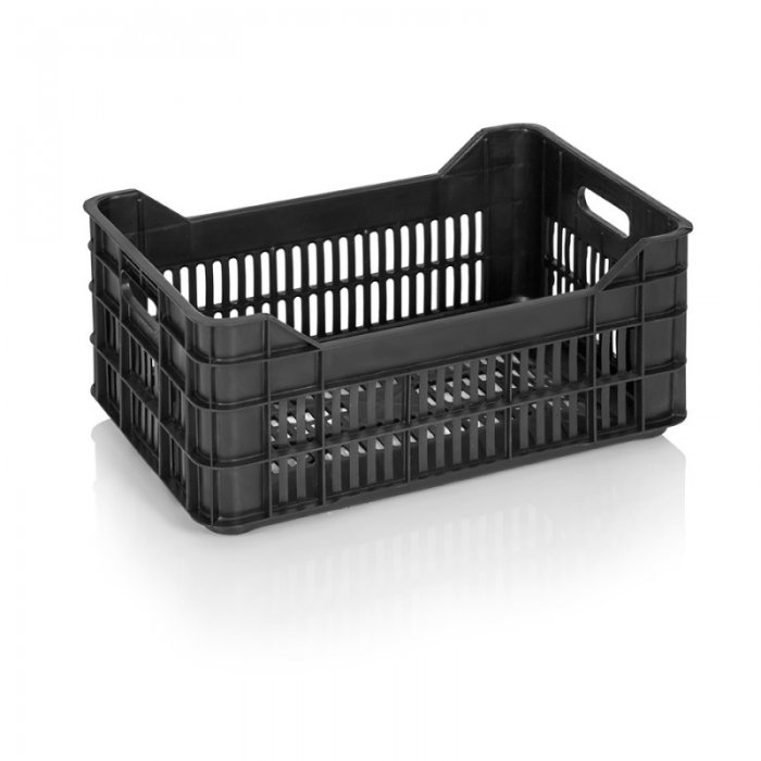 PSZ szállítóláda 530 x 350 x 240 mm, szellőzőfalakkal, szűz PP anyagból, fekete