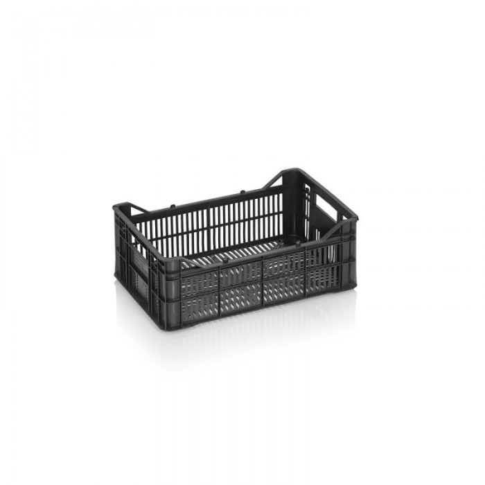 Mini szállítóláda 300 x 200 x 115 mm, szellőzőfalakkal, szűz PP anyagból, fekete