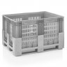 Perforált boxpaletta 1200 x 1000 x 760 mm, 3 merevítő, 600 l kapacitás, elsődleges PP anyag, szürke