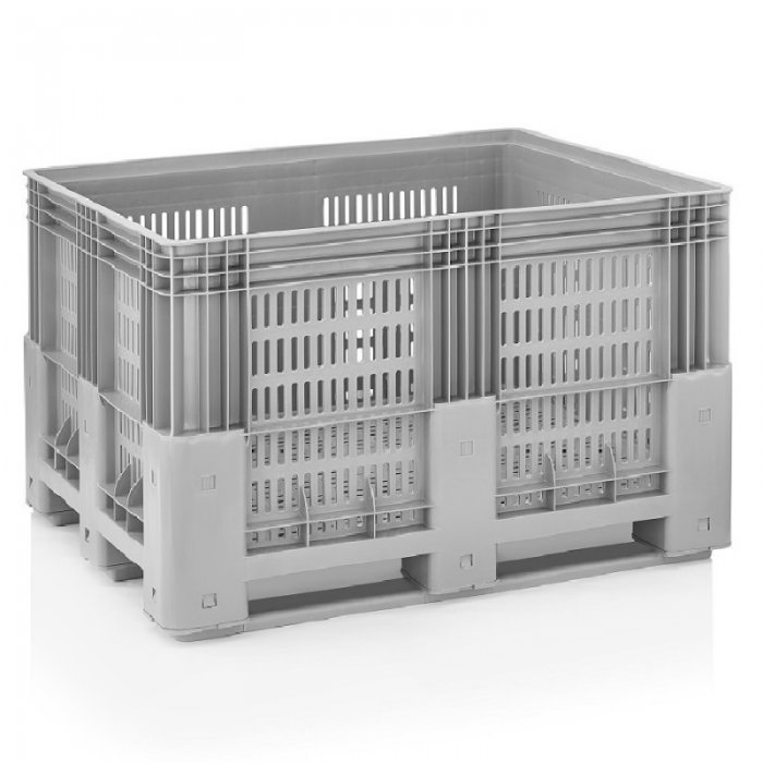 Perforált boxpaletta 1200 x 1000 x 760 mm, 3 merevítő, 600 l kapacitás, elsődleges PP anyag, szürke