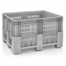 Perforált boxpaletta 1200 x 1000 x 760, 4 lábbal, 600 l kapacitással, szűz PP anyagból, szürke
