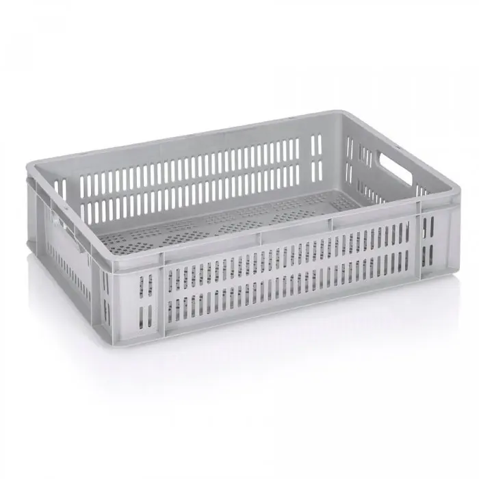 Euroline szállítóláda 600 x 400 x 160 mm, szellőző alj/falak, szűz PP anyag, szürke