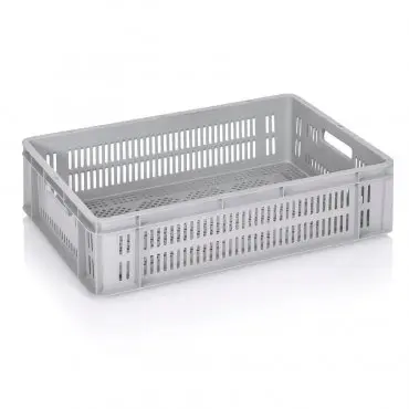 Euroline szállítóláda 600 x 400 x 160 mm, szellőző alj/falak, szűz PP anyag, szürke